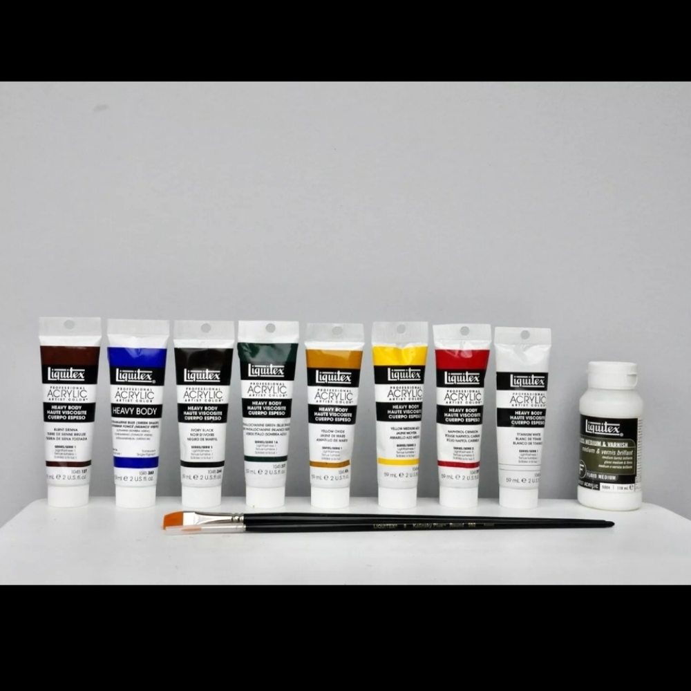 LIQUITEX Acrylic Paint LOT of 8 + 1 Varnish + 2 Paint Brushes # 8 &10 ALL NEW